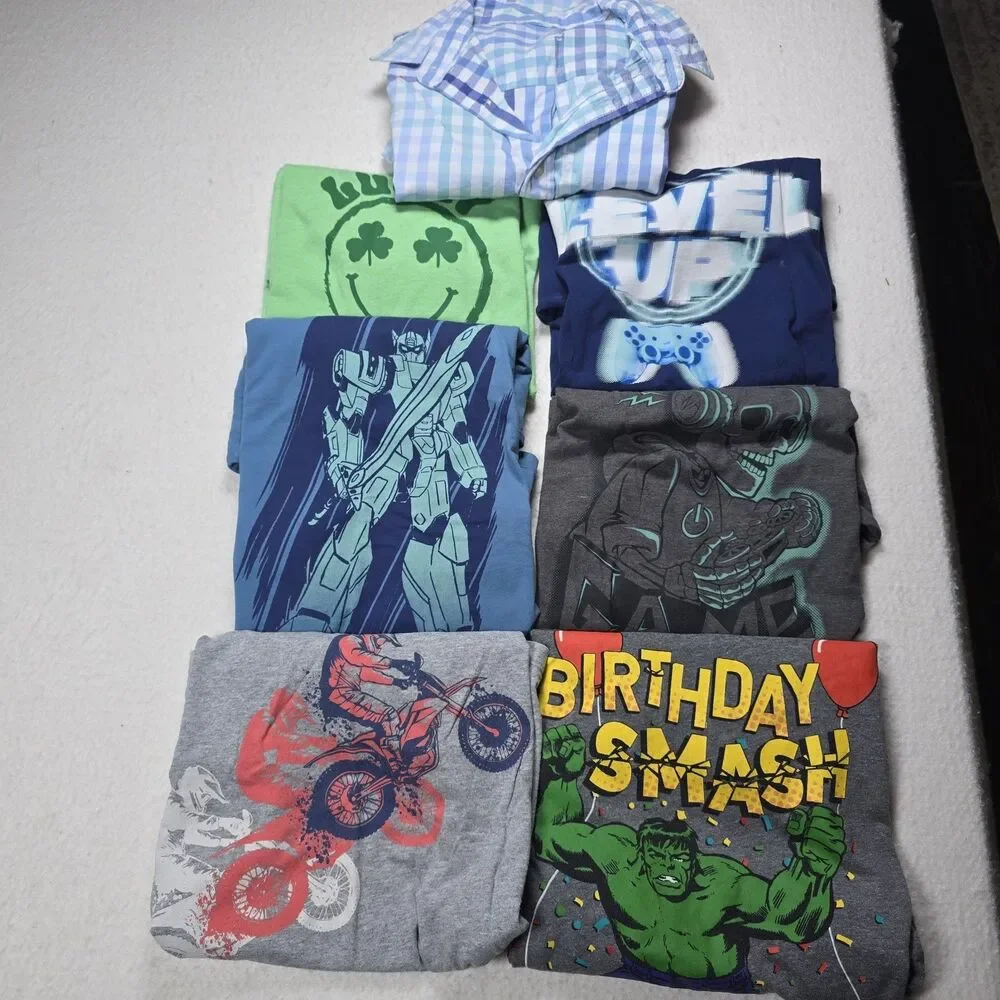 Boys Shirts Lot Hulk Gaming Shamrock Transformers Motorcycle Button Down L 10/12
